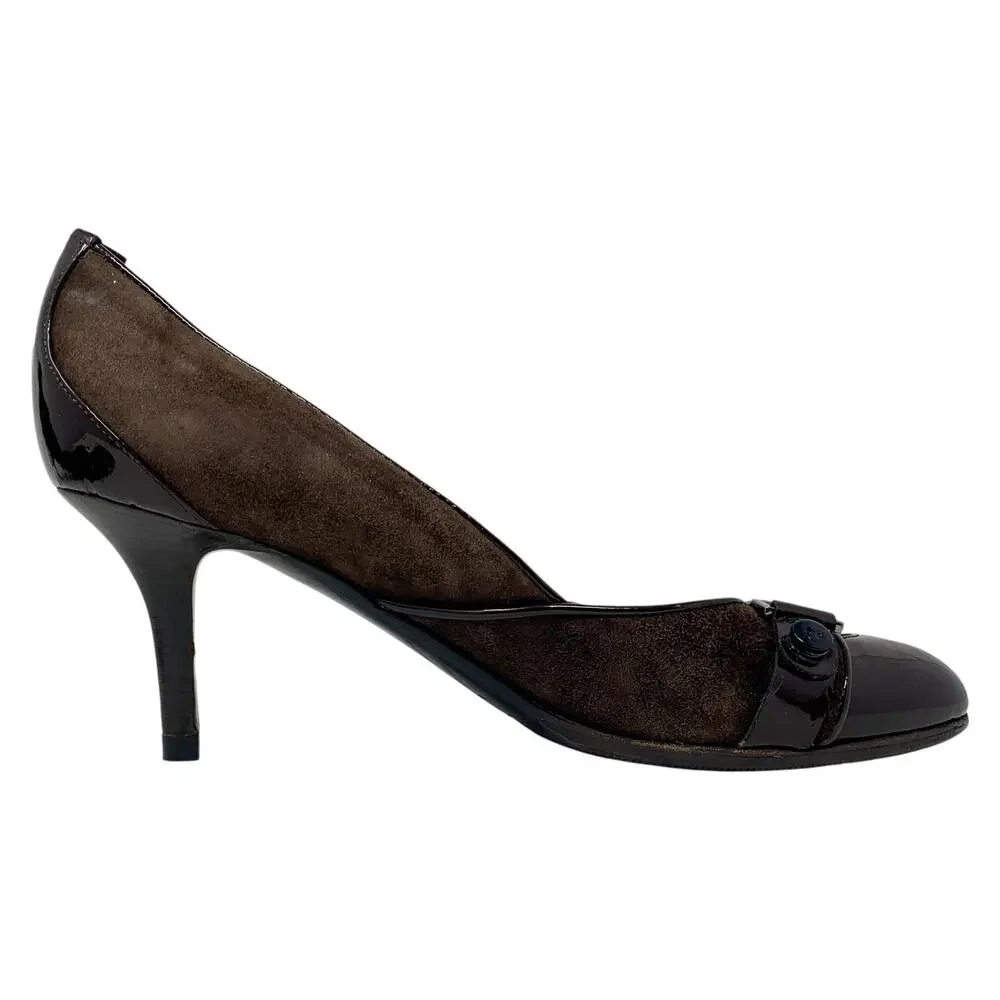 Vintage Dior Galliano Era Street Chic Brown Suede Patent Leather Logo Pumps 37.5